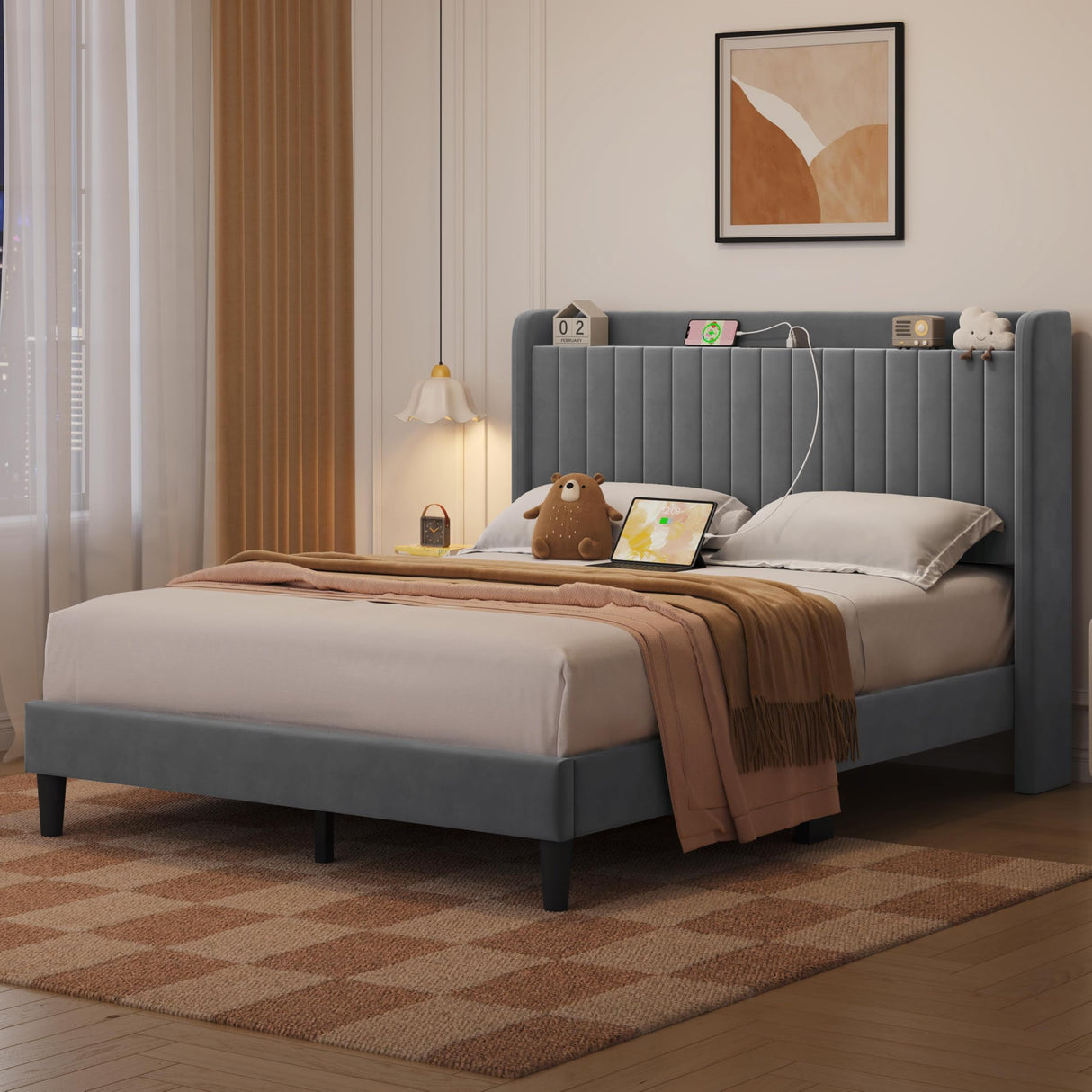 Yaheetech Queen Bed Frame with USB Charging Station and Storage Shelf/Upholstered Headboard Platform Bed with Wing Side/Wooden Slats Support/Noise Free/No Box Spring Needed/Easy Assembly, Light Grey Yaheetech