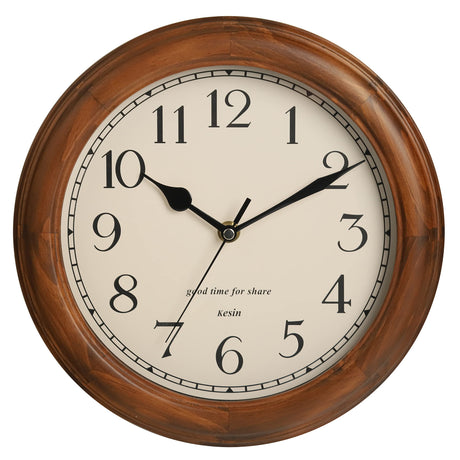 Wooden Wall Clock with Retro Design, 11 Inches Round Wall Clock Battery Operated Silent Non-Ticking, Big Arabic Numerals, for Kitchen Living Room Classroom Gym and Pool, Brown Kesin