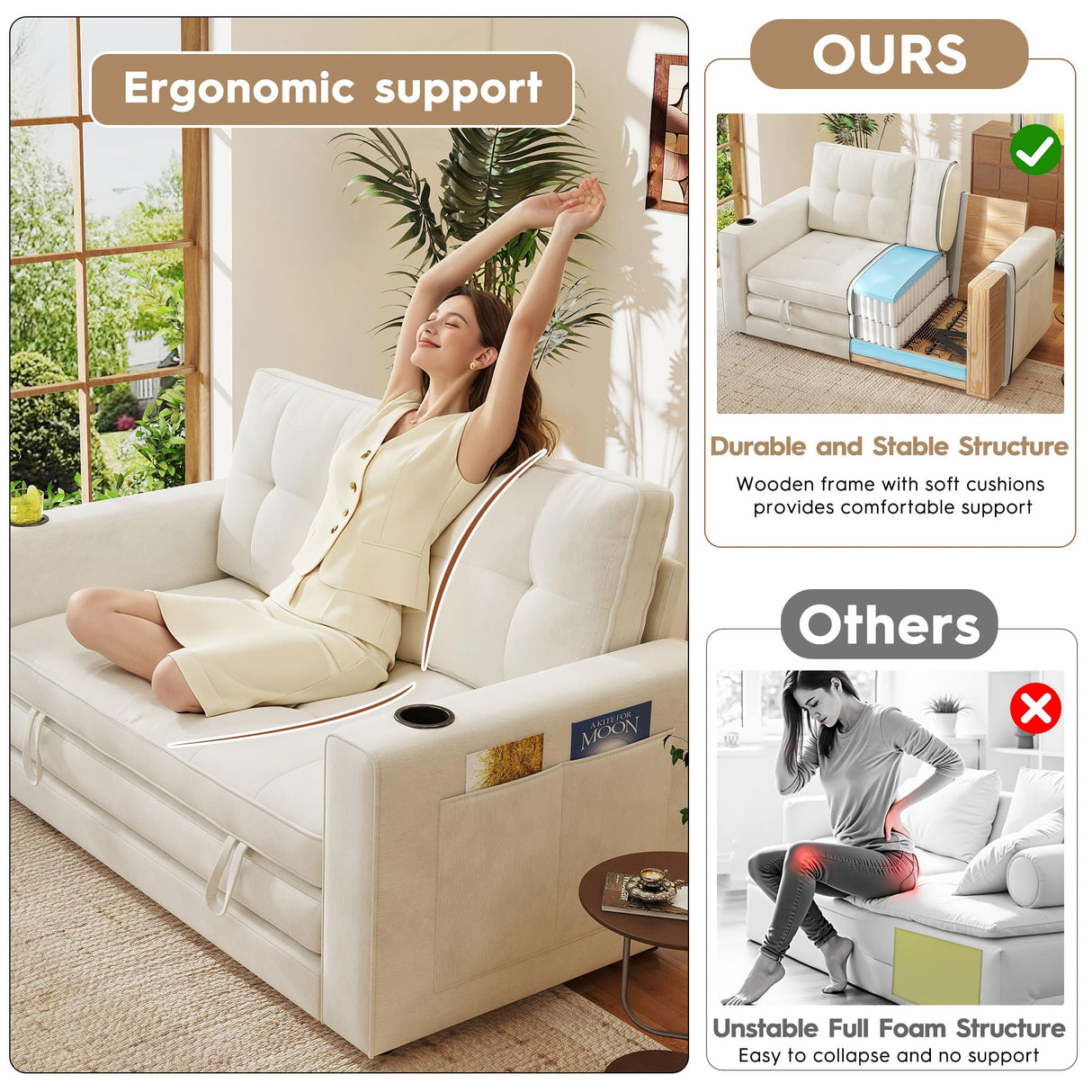 55" Convertible Folding Sofa Bed, Pull Out Couch Love Seat Sleeper Bed, Small Fold Out Loveseat Sleeper with Cup Holder and Pillow for Small Space, Bedroom Lounge, Dorm, Living Room(Beige Chenille) Urhanherry