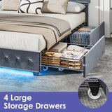 BedsPick Queen Size Bed Frame with LED Lights, Velvet Upholstered Platform Queen Bed Frame with 4 Storage Drawers and Adjustable Headboard, No Box Spring Needed Queen Bedframe, Noise Free, Light Grey BedsPick