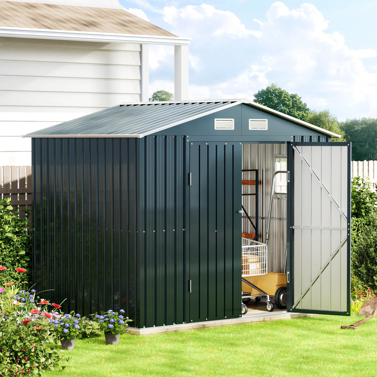 MistMo 6X8X6.4FT Outdoor Steel Storage Shed with Lockable Doors, One Clear Window,Ideal for Garden, Backyard, Patio Storage Mistmo