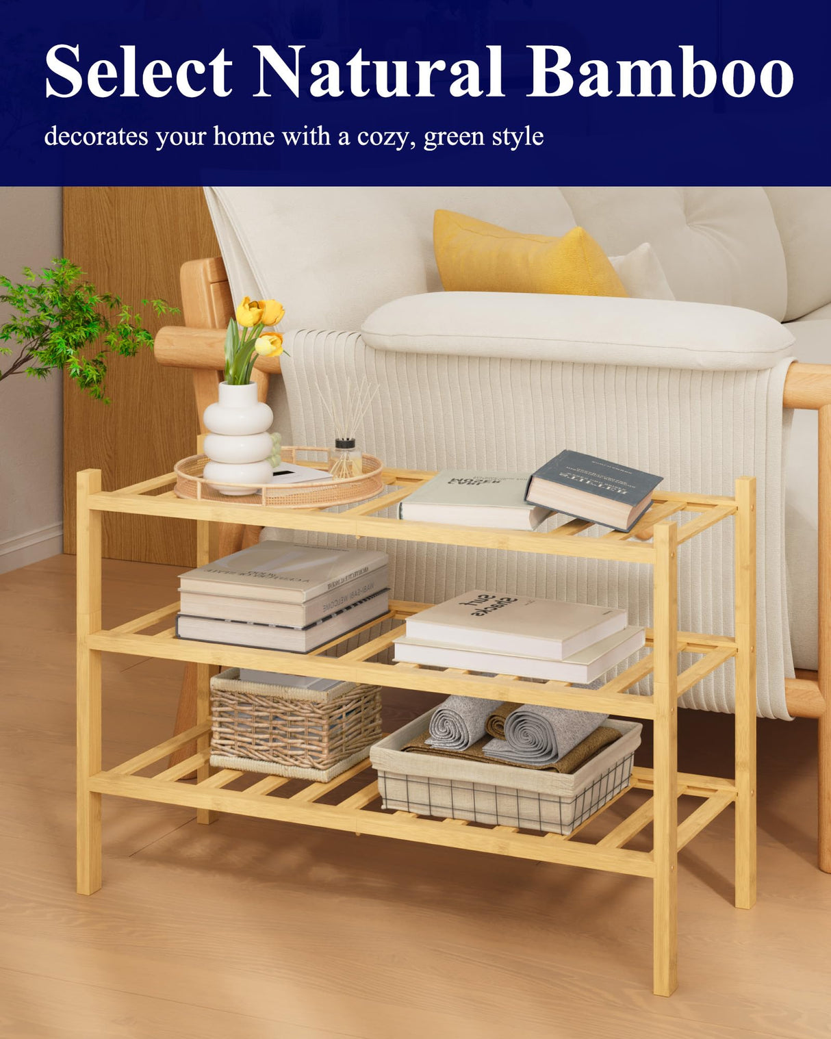 Kitsure Bamboo Wooden Shoe Rack for Closet - Stackable Shoe Organizer with Modular Structure, Space-Saving Shoe Shelf for Entryway, Living Room, Bedroom, 26.8" x 11" x 18.9", Natural Kitsure