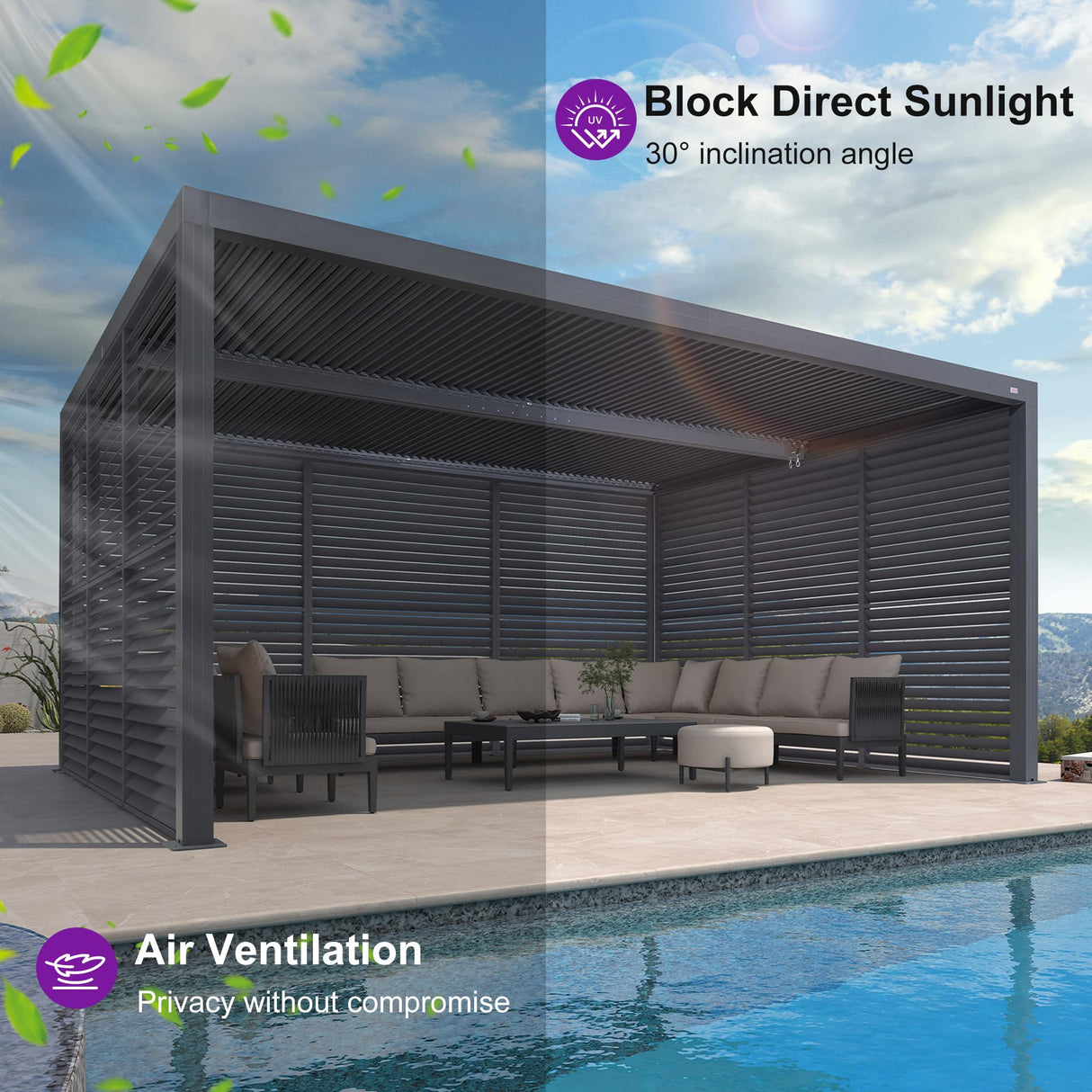 PURPLE LEAF Louvered Pergola 94AS 12' x 16' Outdoor Aluminum Pergola with Fixed Shutter Wall Adjustable Roof for Deck Backyard Grey Hardtop Gazebo, 1/4 Long Side and 1 Short Side PURPLE LEAF