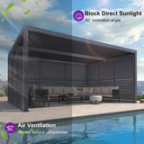 PURPLE LEAF Louvered Pergola 94AS 12' x 16' Outdoor Aluminum Pergola with Fixed Shutter Wall Adjustable Roof for Deck Backyard Grey Hardtop Gazebo, 1/4 Long Side and 1 Short Side PURPLE LEAF