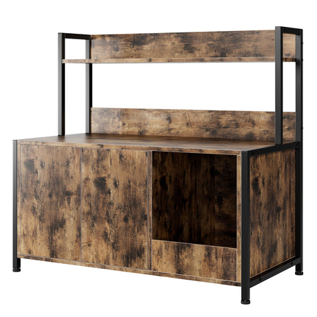 32.4” Cat Litter Box Furniture with Storage Shelves, Hidden Litter Box Enclosure and Double Doors, 2-in-1 Cat Washroom Cabinet with Scratching Pad, Wooden Pet Organizer for Home Décor GarveeHome