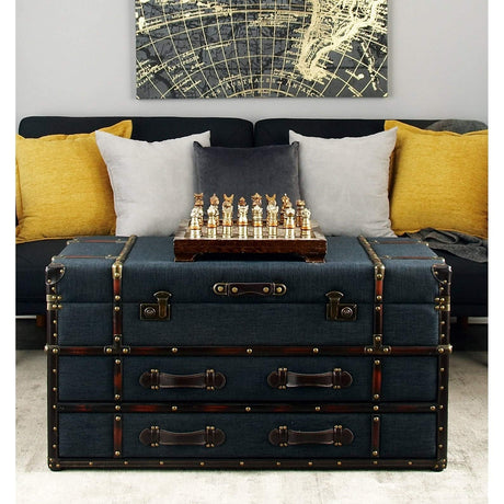 Traditional 21 X 40 Inch Wooden Trunk Style Coffee Table by Blue Rectangle Faux Leather Wood Finish WoodArtSupply