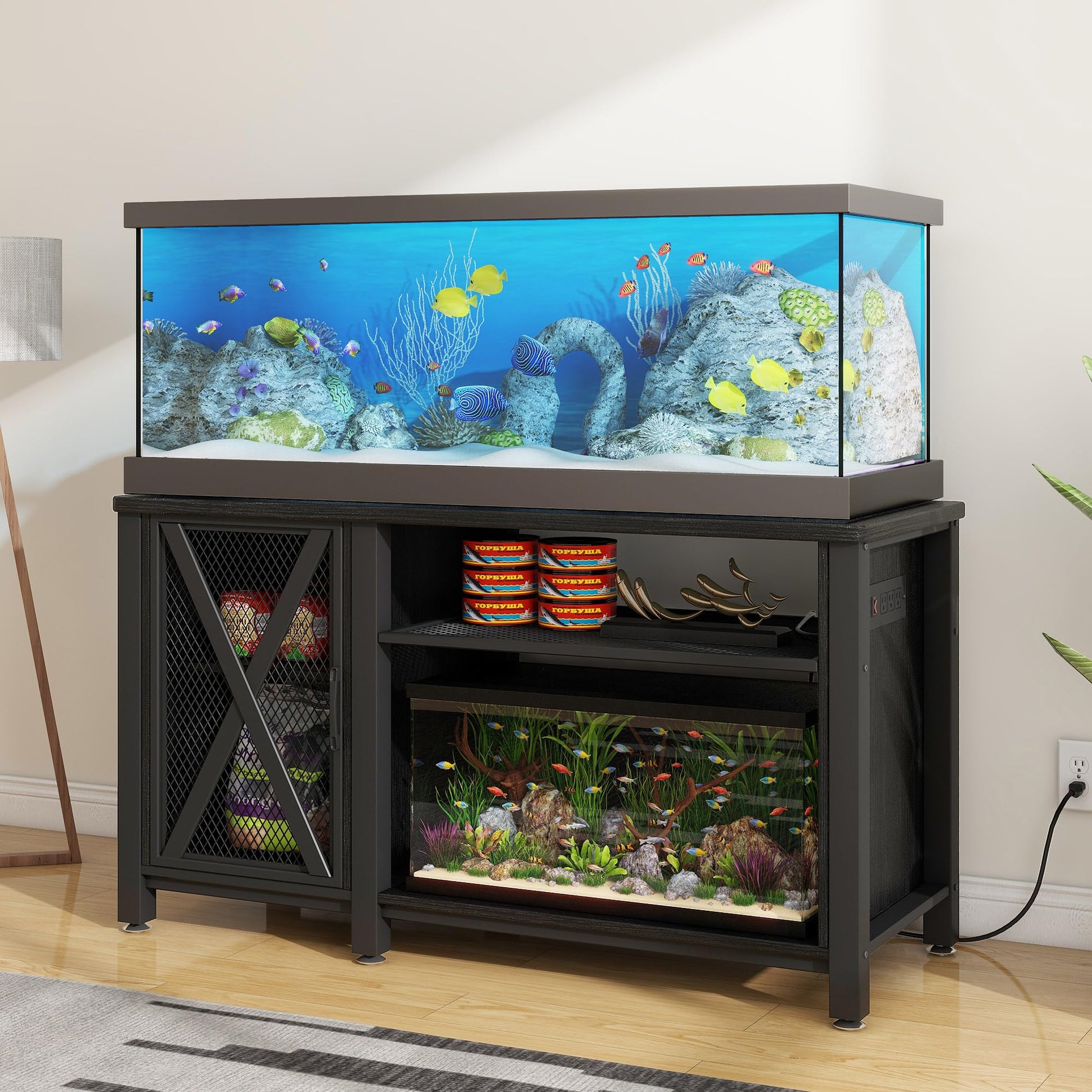 YITAHOME Heavy Duty 55-75 Gallon Aquarium Stand with Power Outlets, Cabinet for Fish Tank Accessories Storage - Metal Fish Tank Stand Suitable for Fish Tank, Turtle Tank, 880LBS Capacity, Bla - WoodArtSupply