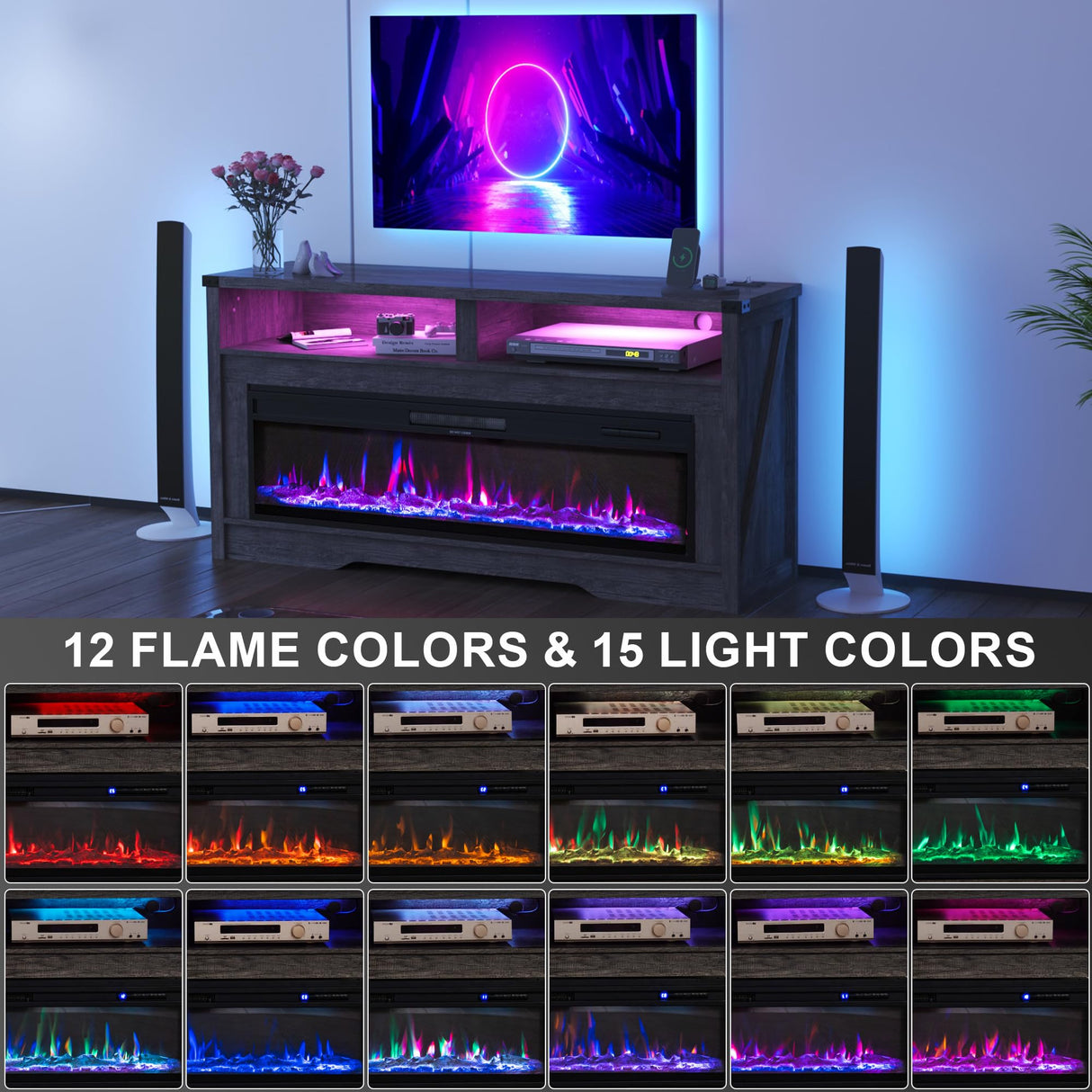 COCO DESIGN Fireplace TV Stand, Multicolor Wood Texture 50" Electric Fireplace with Highlight Storage Cabinet, LED Light Entertainment Center, for TVs Up to 65"(Gray) COCO DESIGN