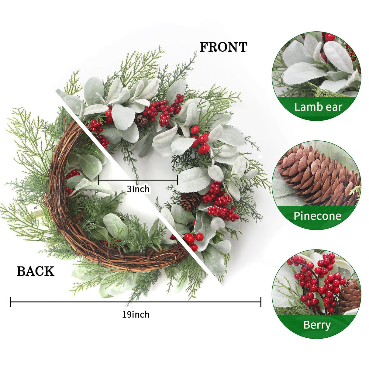 19'' Christmas Wreaths for Front Door, Aesthete Lambs Ear Wreath with Red Berries Pinecone Decor for Indoor Outdoor Christmas New Year Gift Kmise