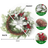 19'' Christmas Wreaths for Front Door, Aesthete Lambs Ear Wreath with Red Berries Pinecone Decor for Indoor Outdoor Christmas New Year Gift Kmise