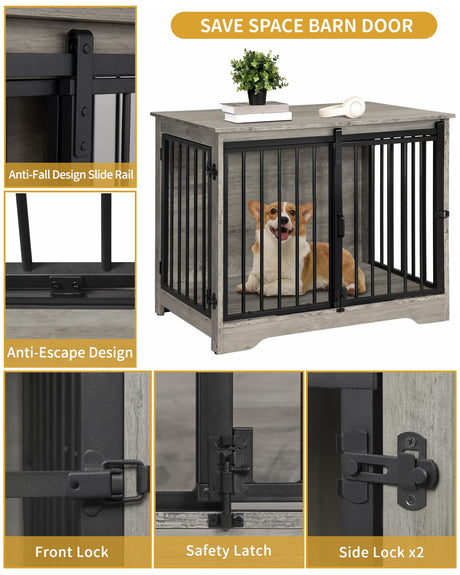 Hzuaneri Dog Crate Furniture, 32" Double Door Dog Crate with Barn Door, Dog Kennel Indoor, End Side Table Wooden Dog Crate for Small Medium Large Dog, Anti-Chew Anti-Escape, Greige Black DFC83605B Hzuaneri