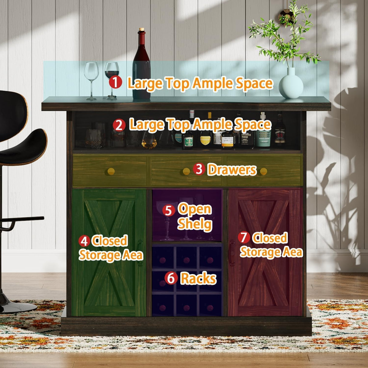 Farmhouse Home Bar Unit with 4-Tier Storage, 52 Inch Home Bar Table with 3 Drawers and 9 Wine Racks, Wine and Liquor Cabinet with Barn Door and Footrest, Indoor Bars for Home (Dark Oak) 4ever2buy