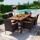 Devoko Dining 7 PCS Furniture, Patio Conversation Set with Acacia Wood Table Top, Rattan Outdoor, Black Devoko