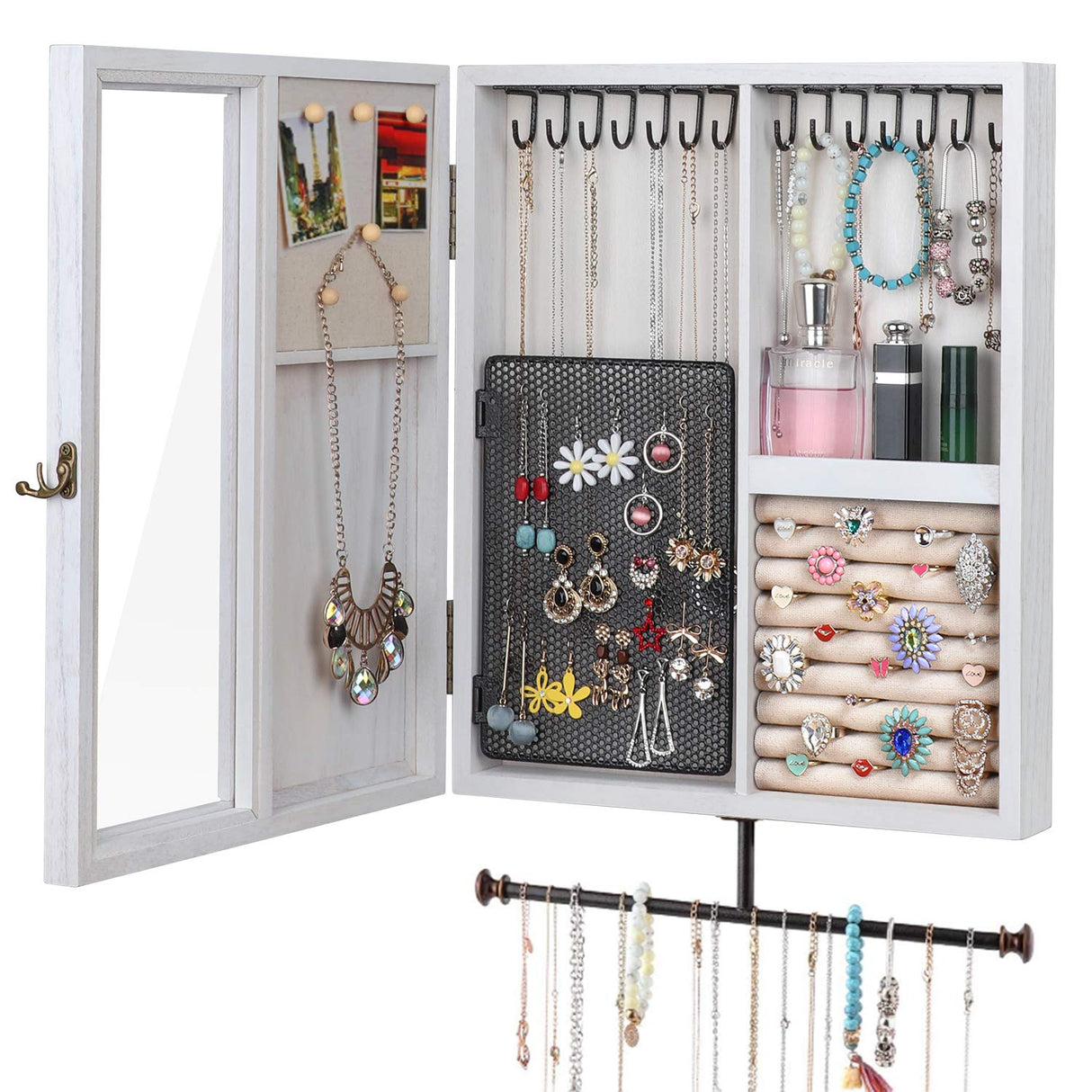 Keebofly Wall Mounted Jewelry Organizer With Rustic Wood Large Space Jewelry Cabinet, Holder, Storage Box for Necklaces, Earrings, Bracelets, Ring Holder, and Accessories White Keebofly