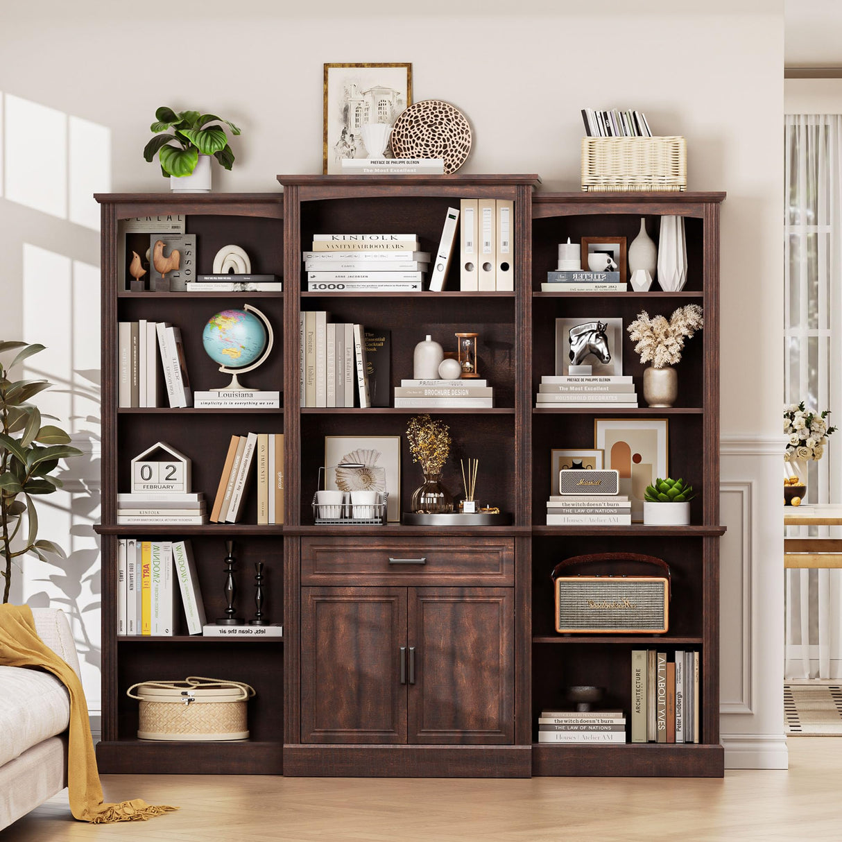 Spurgehom 70" Tall Bookshelves and Bookcases with Doors Large Bookshelf with Drawers, Farmhouse Bookcase with Storage Cabinet, Standing Display Storage Bookshelf for Home Office, Brown Spurgehom