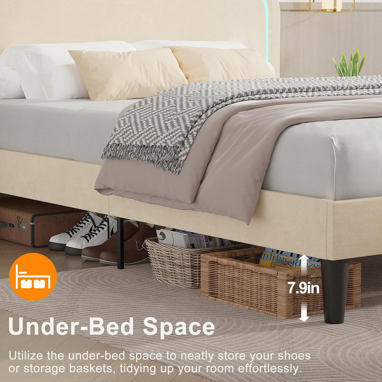 VECELO Upholstered Full Bed Frame with Headboard Adjustable, LED Lights, USB-A & Type-C, Velvet Platform Bed Noise Free, Mattress Foundation with Wooden Slats, No Box Spring Needed, Beige VECELO