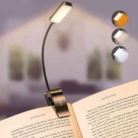 Gritin 9 LED Rechargeable Book Light for Reading in Bed - Eye Caring 3 Color Temperatures,Stepless Dimming Brightness,80 Hrs Runtime Small Lightweight Clip On Book Reading Light for Studying Gritin
