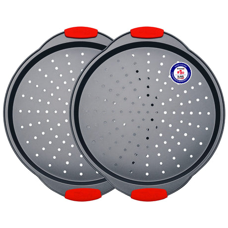 Pizza Tray – 2 Round with Silicone Handles – Carbon Steel Pizza Pan with Holes and Non-Stick Coating – PFOA PFOS and PTFE Free by Bakken BAKKENMASTER