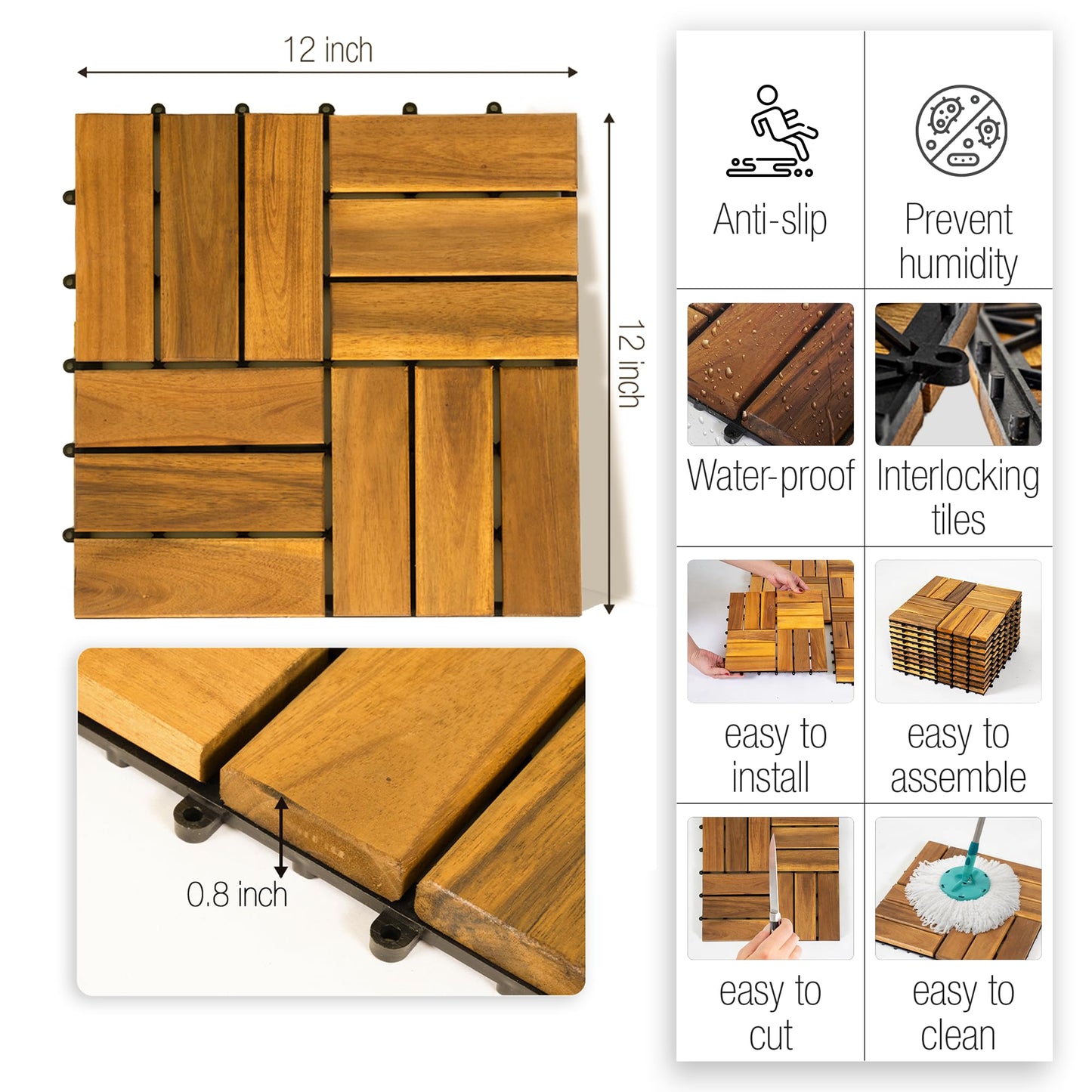 AN68 Pack of 10 Deck Tiles - 12"x12" Interlocking Natural Solid Acacia Wood for Outdoor & Indoor, Patio Garden, Balcony, Poolside - Golden Teak Color