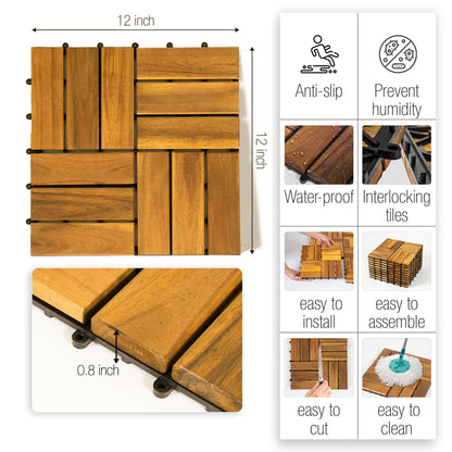 AN68 Pack of 10 Deck Tiles - 12"x12" Interlocking Natural Solid Acacia Wood for Outdoor & Indoor, Patio Garden, Balcony, Poolside - Golden Teak Color