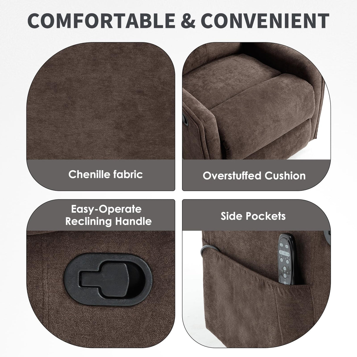 Trustyue Swivel Rocker Recliner Chair, 360° Swivel Recliner with Heat and Massage, Rocker Recliner Easy to Clean Nursery Glider Recliner Chair with Side Pockets for Living Room Brown Trustyue