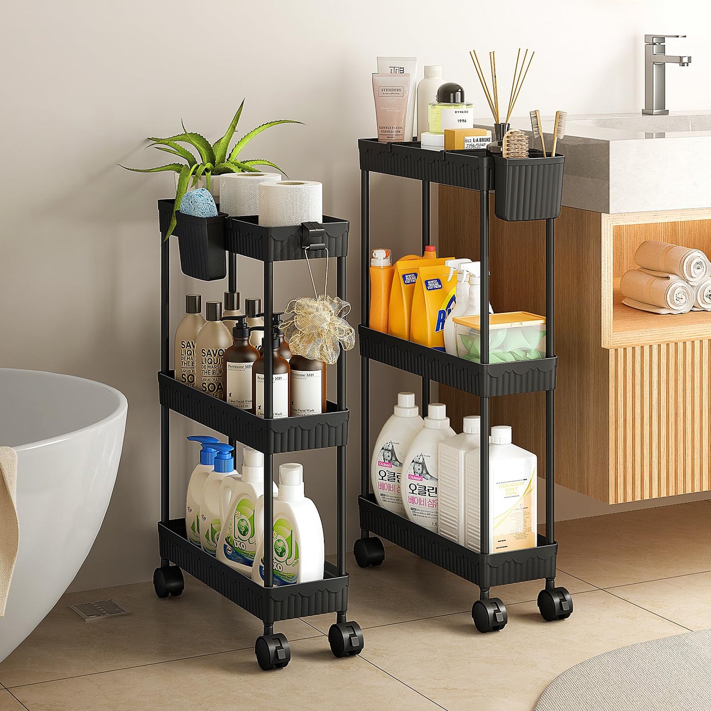 Sevenblue Slim Storage Rolling Cart with Wheels, 2 Pack 3 -Tier Rolling Cart Bathroom Organizers and Storage, Utility Cart for Laundry Room Organization, Bathroom and Kitchen Narrow Places, B - WoodArtSupply