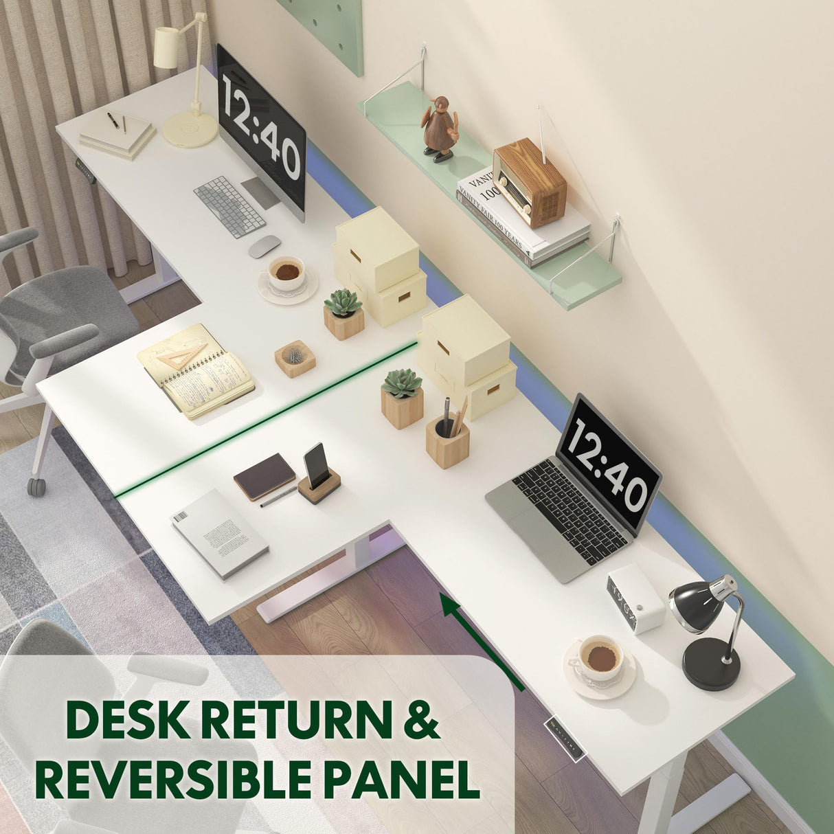 SANODESK 71-Inch Large Dual Motor L-Shaped Electric Height Adjustable Standing Desk - Reversible Panel - White Top/White Frame - Ideal for Gaming, Home Office or Computer Workstation SANODESK