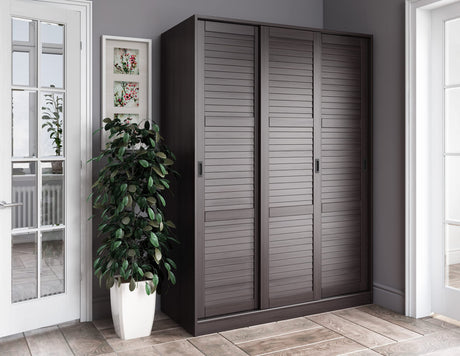 Palace Imports 100% Solid Wood Wardrobe/Armoire/Closet with 3 Sliding Louvered Doors, Java. 5 Shelves Included, 52" w x 72" h x 22.5" d, Renewable Eco-Friendly Wood, Made in Brazil Palace Imports