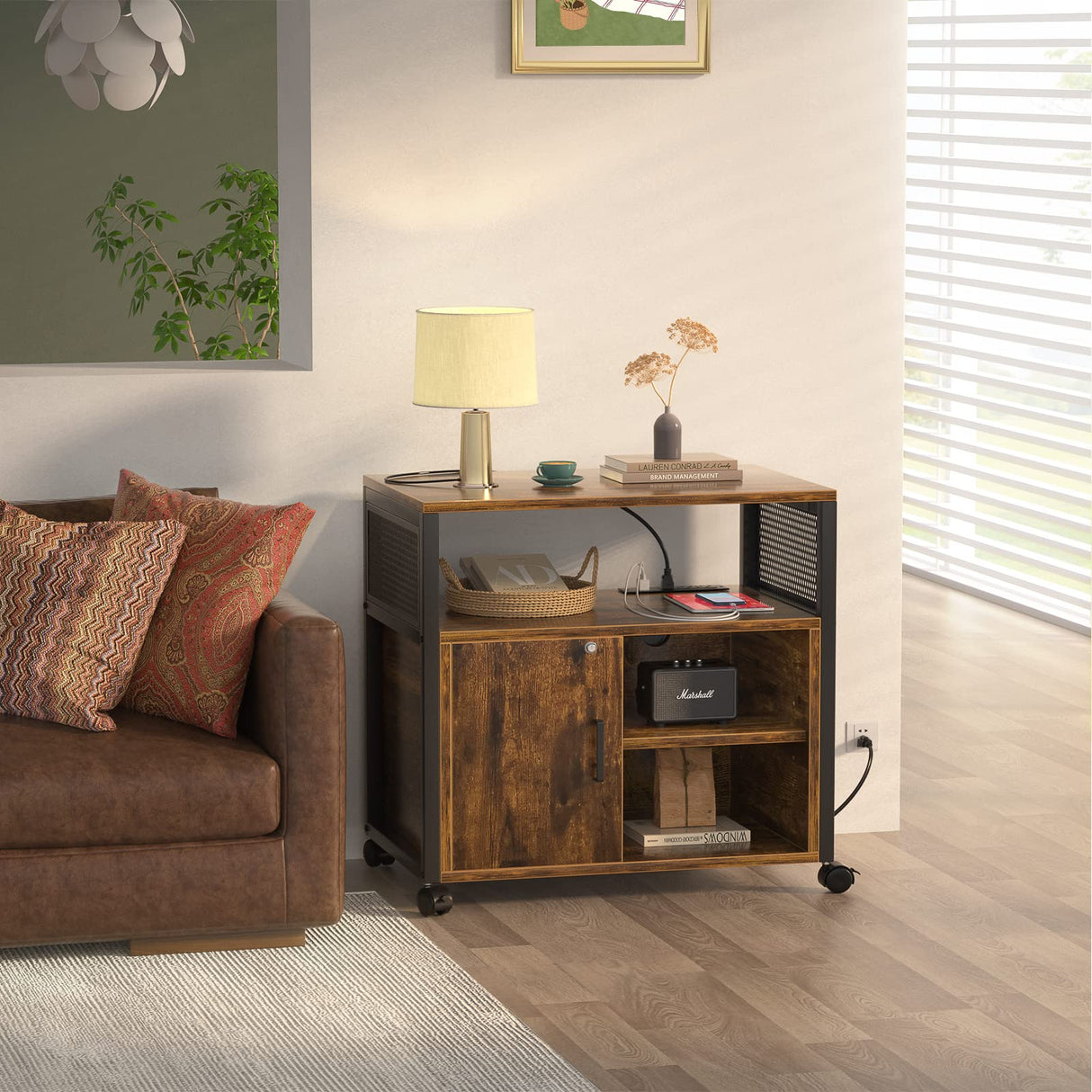 Unikito Lateral File Cabinet, Locking Office Filing Cabinets with Socket and USB Charging Port, Modern Rolling Printer Stand with Storage for A4, Letter Size and File Folders, Rustic Brown Unikito