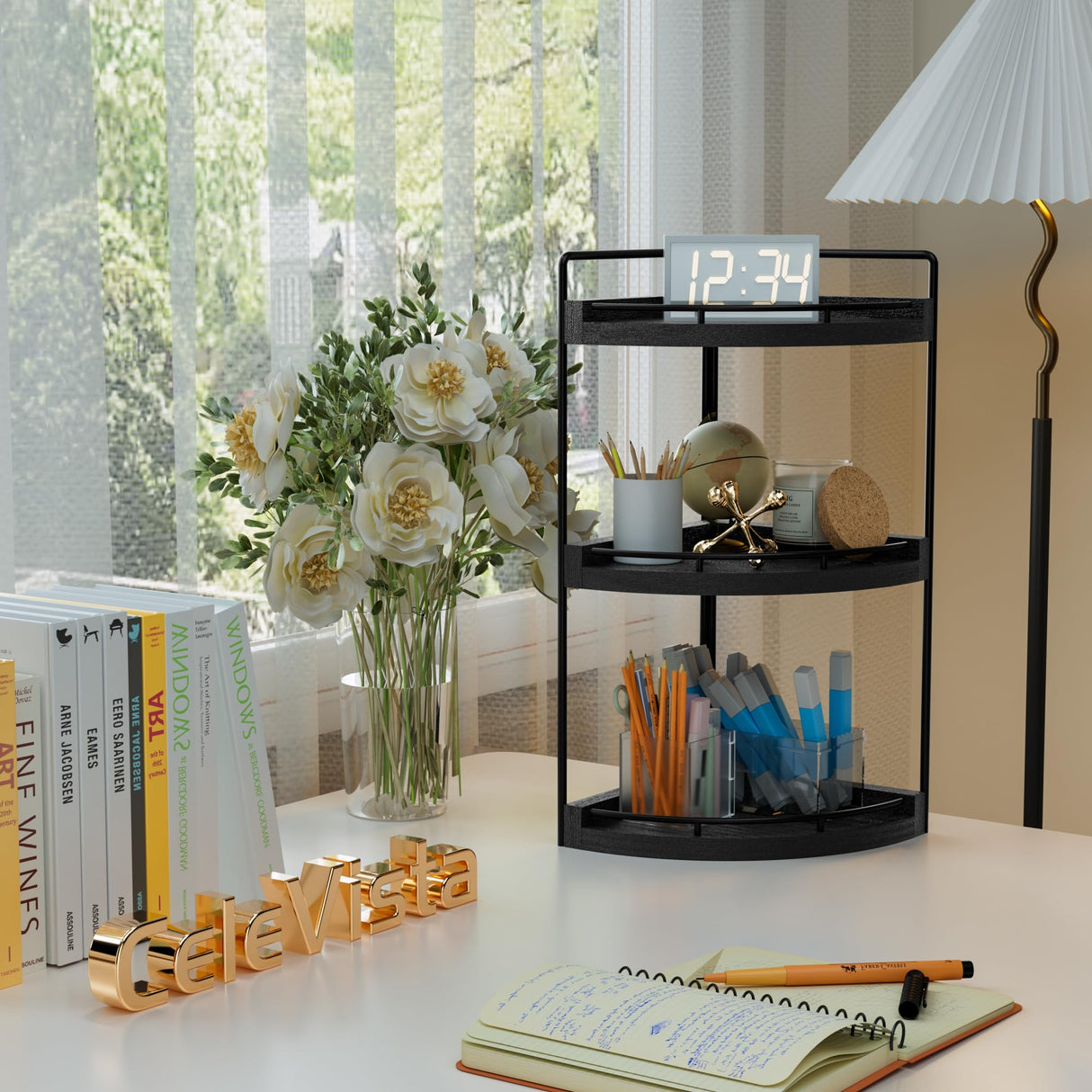 CeleVista Corner Bathroom Counter Organizer, 3 Tier Bathroom Sink Shelf Countertop, Wood Vanity Skincare Storage for Toiletries Decor, Makeup, Dresser(Black) CeleVista