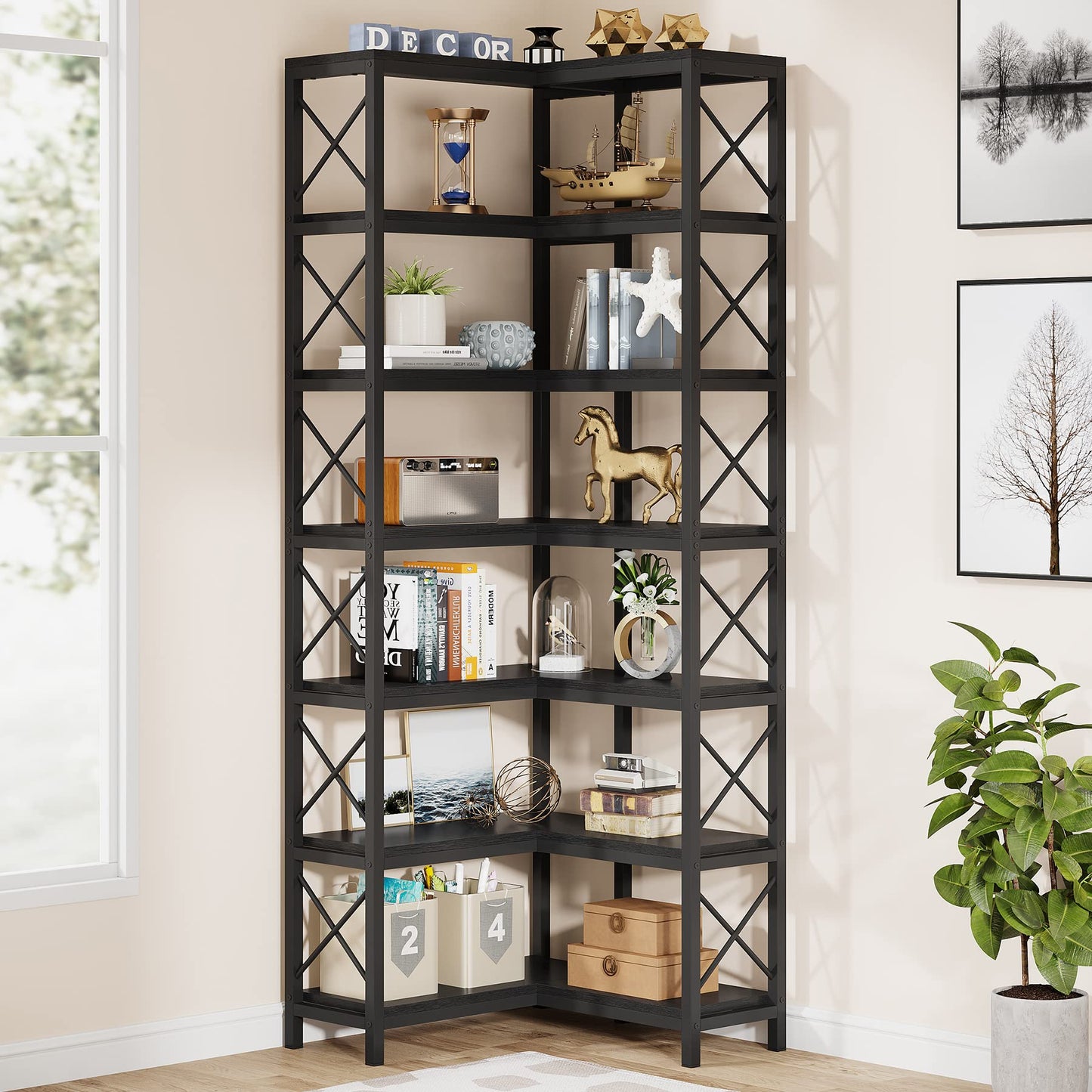 Tribesigns Modern 7-Shelf Corner Bookshelf with Metal Frame in Black - WoodArtSupply