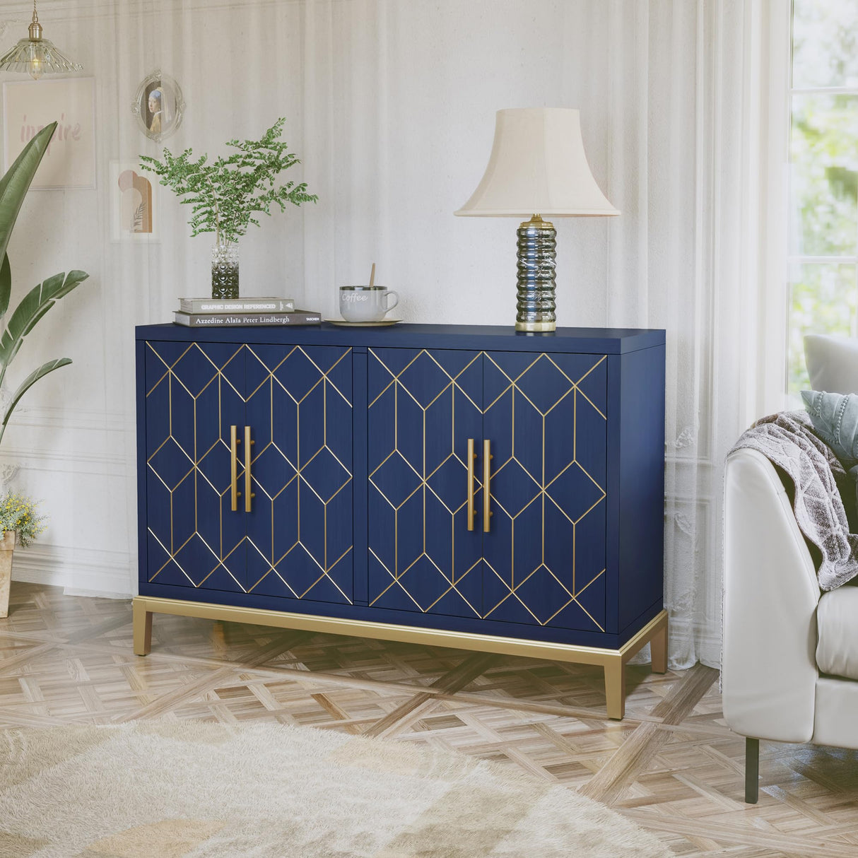 HLR 48" Accent Cabinet with 4 Doors and Shelves, Modern Credenza Storage Cabinet with Gold Trim, Sideboard Buffet for Living Room, Kitchen, Dining Room, Hallway, Blue HLR