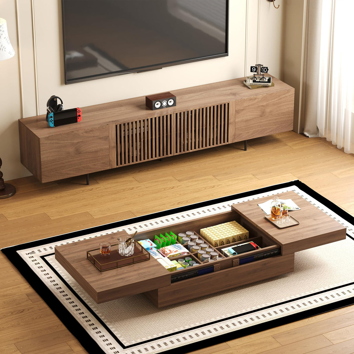 NessCarsti Mid-Century Modern TV Stand & Expandable Coffee Table Set, Walnut Finish, Stylish Storage Combo for Living Room or Bedroom (94.48“TV Stand+Coffee Table) NessCarsti