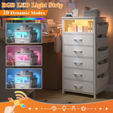 EnHomee Night Stand Set 2 with Charging Station, Tall Nightstand with 5 Drawers, LED Nightstands with USB Ports & Outlets, White Nightstand with Extra Side Bag & Hooks, Side Table, Dresser, Bedroom EnHomee