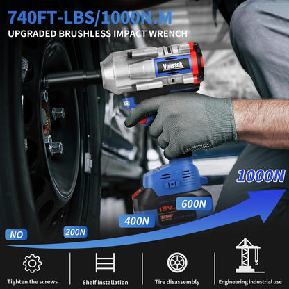 Vniissok Cordless Impact Wrench, 1000N.m(740ft-lbs) High Torque Brushless Impact Gun with 2 x 4.0Ah Batteries, Electric Impact Driver for Car Tires Truck Mower - WoodArtSupply