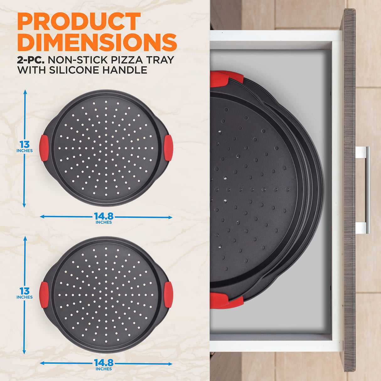 NutriChef 2-Piece 13-Inch Nonstick Pizza Tray, Round Carbon Steel Non-Stick Pizza Baking Pan with Perforated Holes, Premium Bakeware Pizza Screen with Silicone Grip Handles, Dishwasher Safe, NCBPIZX2 NutriChef