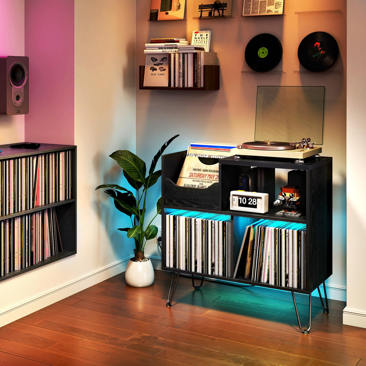 TC-HOMENY Record Player Stand with Vibration-Isolated Turntable Design, Vinyl Record Storage Table with Charging Station, Mid-Century Modern Turntable Stand (Black) TC-HOMENY