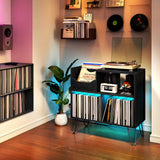 TC-HOMENY Record Player Stand with Vibration-Isolated Turntable Design, Vinyl Record Storage Table with Charging Station, Mid-Century Modern Turntable Stand (Black) TC-HOMENY