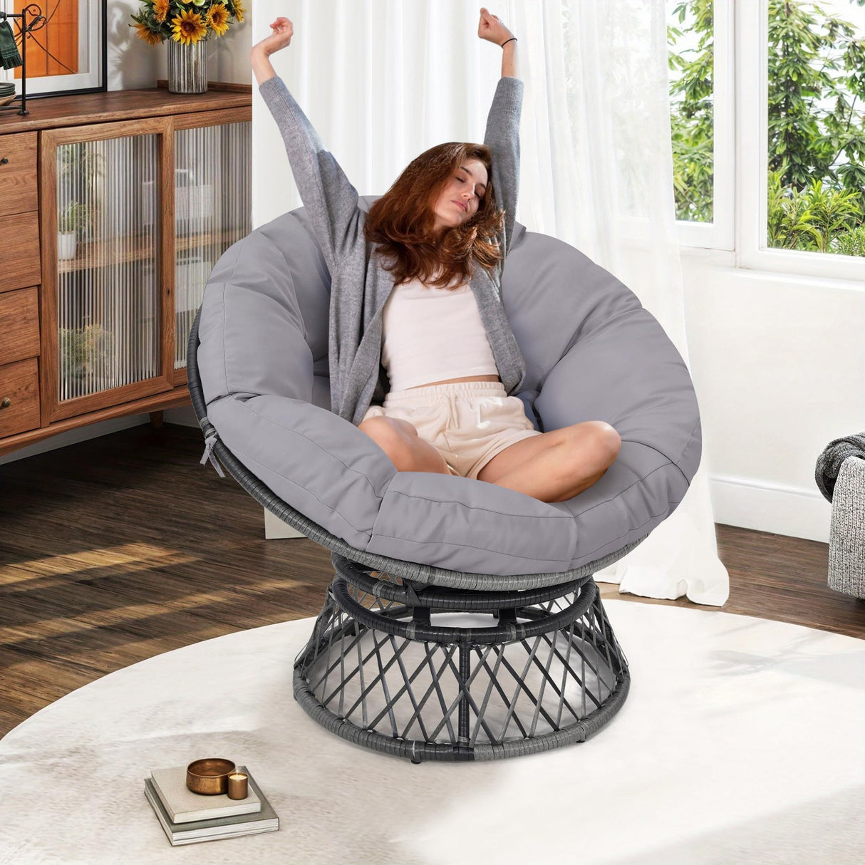 KROFEM 39" Wicker Papasan Circle Chair, 360° Swivel Living Room Chair, Indoor Outdoor Rattan Chair with Thick Cushion, Ideal for Teenagers, Kids, Grey Frame with Light Grey Cushion KROFEM