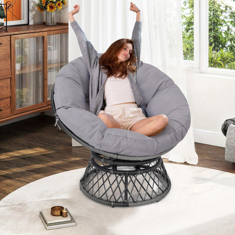 KROFEM 39" Wicker Papasan Circle Chair, 360° Swivel Living Room Chair, Indoor Outdoor Rattan Chair with Thick Cushion, Ideal for Teenagers, Kids, Grey Frame with Light Grey Cushion KROFEM