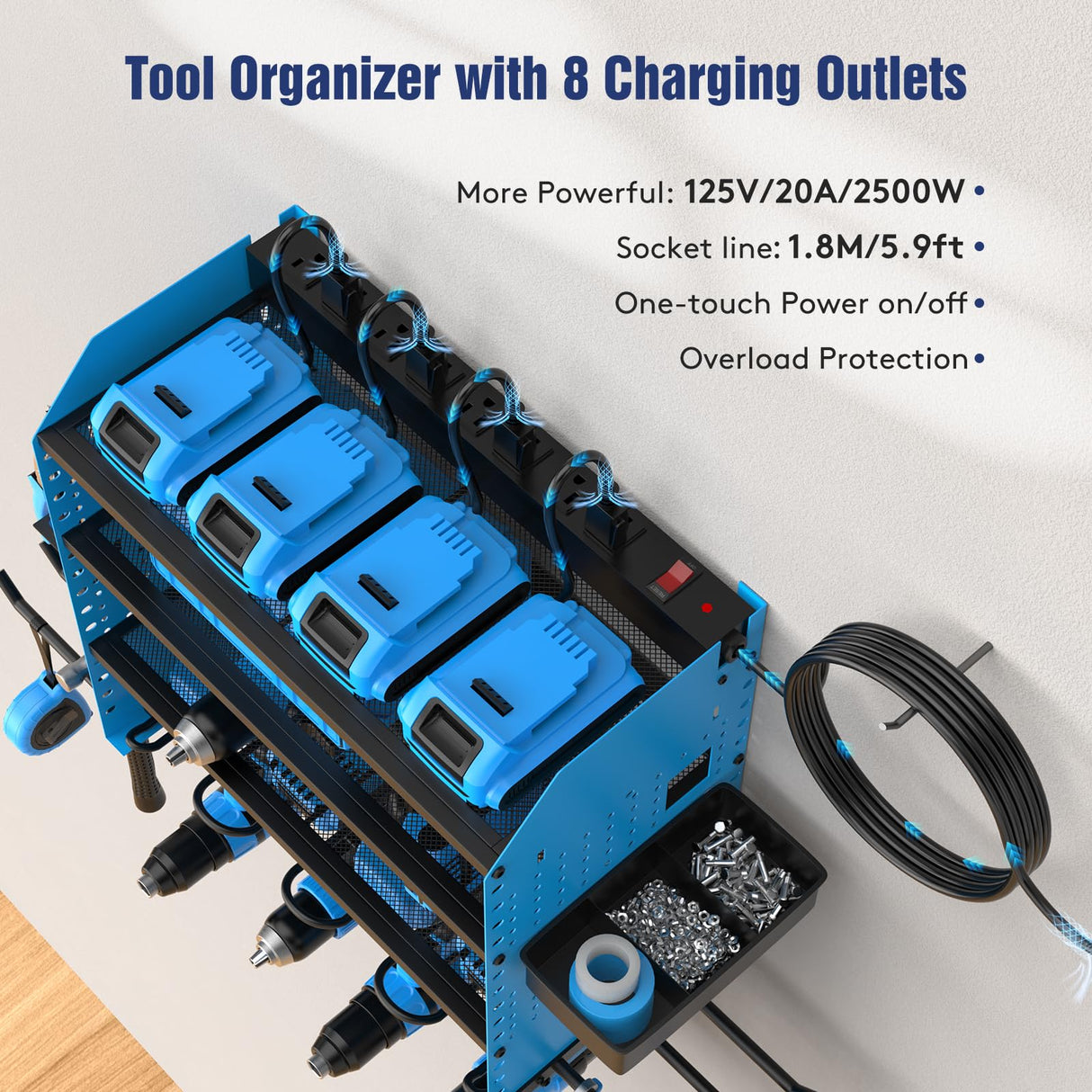Heavy Duty Power Tool Organizer Wall Mount with Charging Station, 4 Layer Garage Storage Adjustable Shelves Height, Holds 4 Drills, 2 Hooks, Screw & Screwdriver box, Gifts for Fathers Day, Anniversary FURTIME