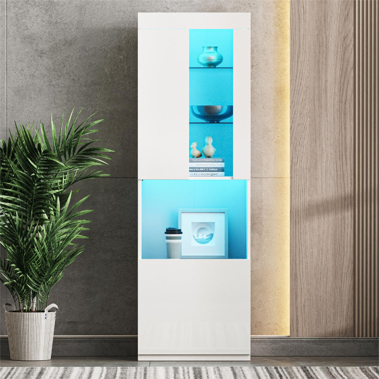 Ball & Cast High Gloss Storage Cabinet with LED Lights,67" Tall Pantry Cabinet W/Acrylic Door,Modern Bookcase & Display Cabinet W/Open Countertop & Tempered Glass Shelves for Living Room,White Ball & Cast