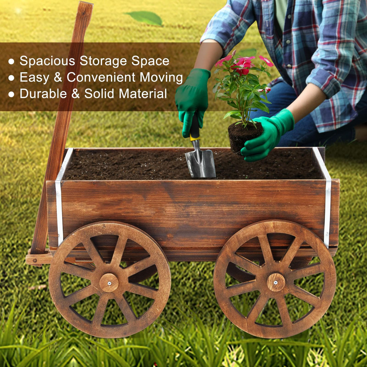 Beeveer Wooden Wagon Planter Box, Garden Planter with Wagon Wheels, Flower Cart for Patio Garden Balcony, Decorative Patio Planter Flowers Herbs Vegetables for Indoor Outdoor Decor, Brown (Classic) Beeveer