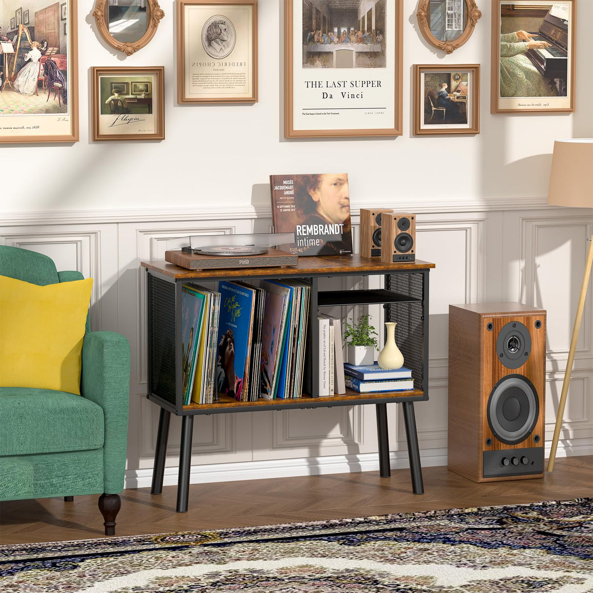 Record Player Stand with Adjustable Divider, Vinyl Storage Holder Up to 200 Albums, Mid-Century Large Record Player Table, Vinyl Holder Turntable Stand End Table Storage Rack for Bedroom & Living Room Simple Serenity