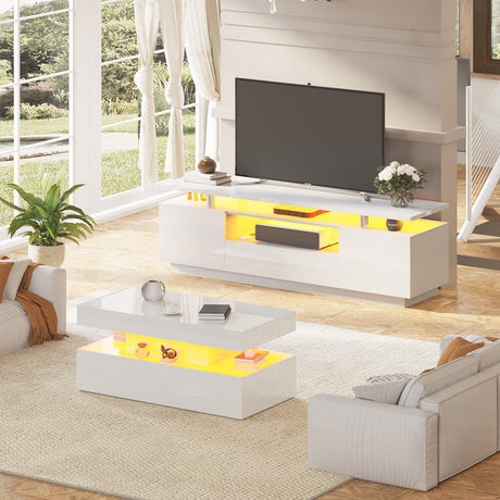 AMERLIFE 2-Piece Modern Living Room Table Set, Includes 70" High Gloss TV Stand, 2-Tier Coffee Table, LED Lights Entertainment Center Set for Living Room, White AMERLIFE