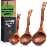 Wooden Ladle Spoon Set, 3 Size Teak Wood Kitchen Serving Spoon with Back Hooks for Pot & Bowl, Non-Stick Wooden Spoon Set for Cooking, Serving and Stirring WOODENHOUSE LIFELONG QUALITY