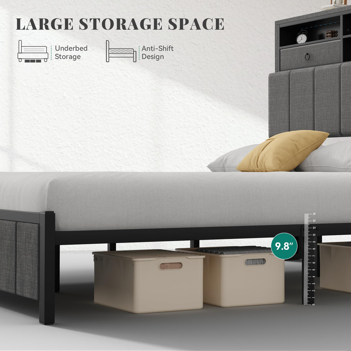 YITAHOME Full Size Bed Frame with Storage Headboard, LED Bed Frame with Drawers and Charging Station, Platform Bed with Sturdy Metal Support, No Box Spring Needed, Grey YITAHOME