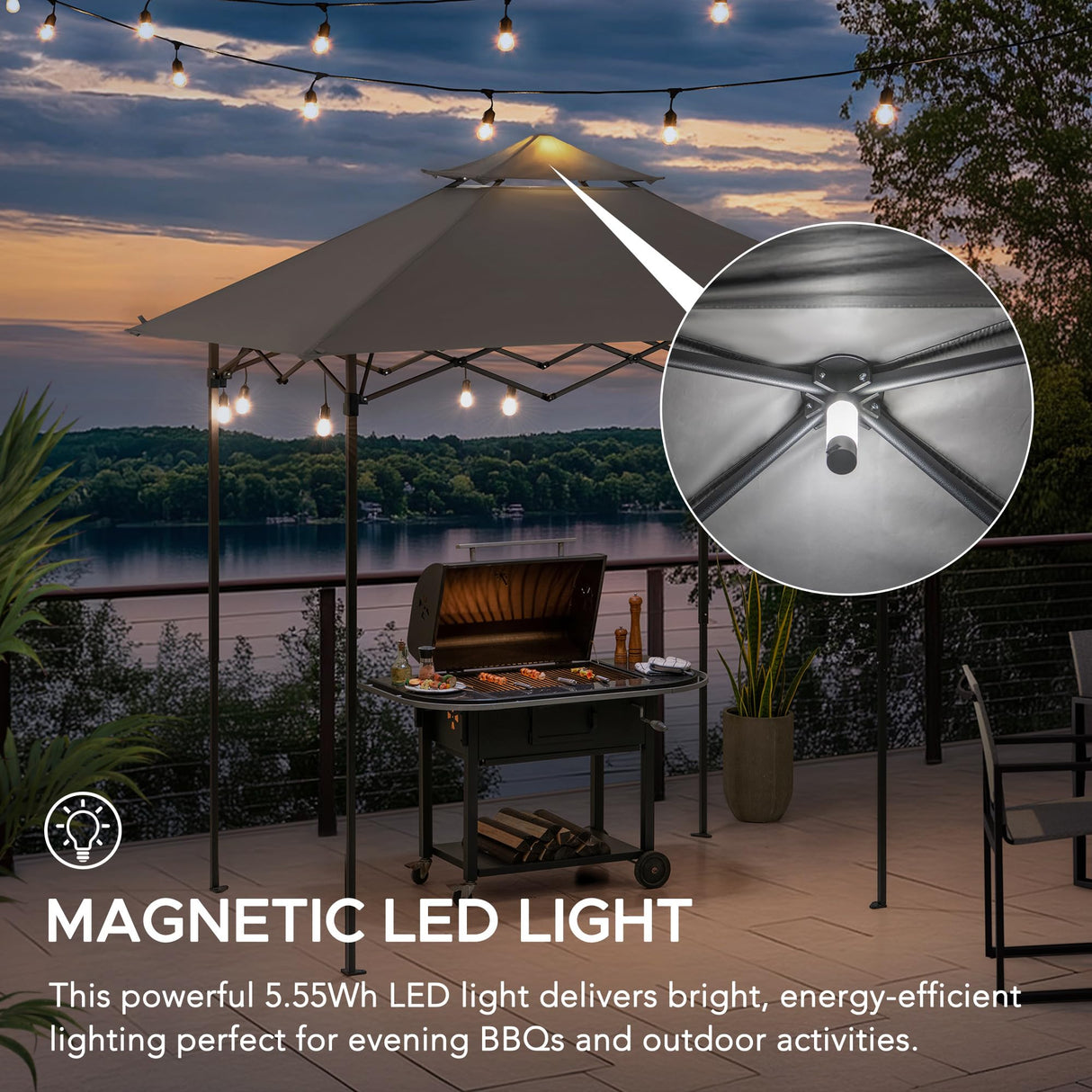 SUNJOY 5 x 8 ft. Grill Gazebo Pop Up Double Tiered Outdoor Gazebo Standing-Height Canopy with Magnetic LED Light, Adjustable Ceiling Height, for BBQ,Picnics, Outdoor Events, Gray Sunjoy