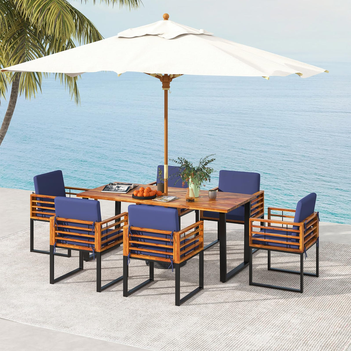Tangkula 7 Piece Patio Dining Set, Acacia Wood Dining Chair & Table Set, 69” Spacious Tabletop with Umbrella Hole, Heavy-Duty Metal Support, Dining Set for Backyard, Poolside Tangkula