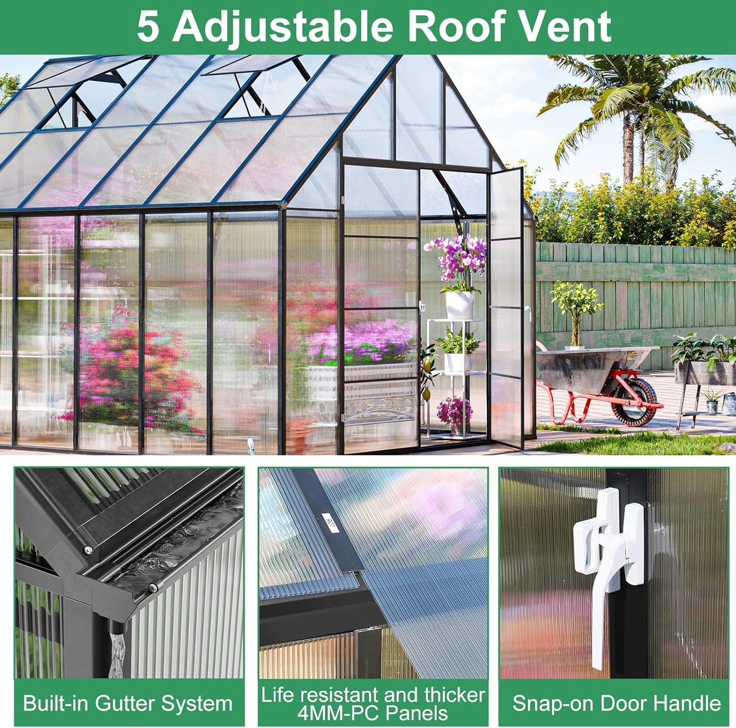 CDCASA 12x10x10 FT Greenhouse for Outdoors, Easy Assembly Large Aluminum Heavy Duty Polycarbonate Greenhouses Kit w/2 Vent Window, Swing Door, Walk-in Green House for Sunroom Patio, Backyard, Garden